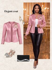 Fleurora Plus Size Round Neck Long Sleeve Solid Color 3D Floral Decor Jacket - Dusty Pink - View 5