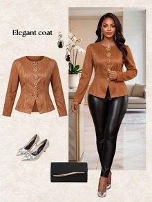 Fleurora Plus Size Women's Metal Single-Breasted Casual Daily Long Sleeve Jacket Winter - Beige - View 5