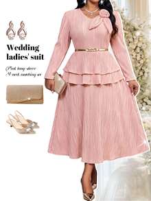 Fleurora Plus Size Women's 3D Floral Decor Long Sleeve Top And Skirt Elegant 2-Piece Set - Pink - View 1
