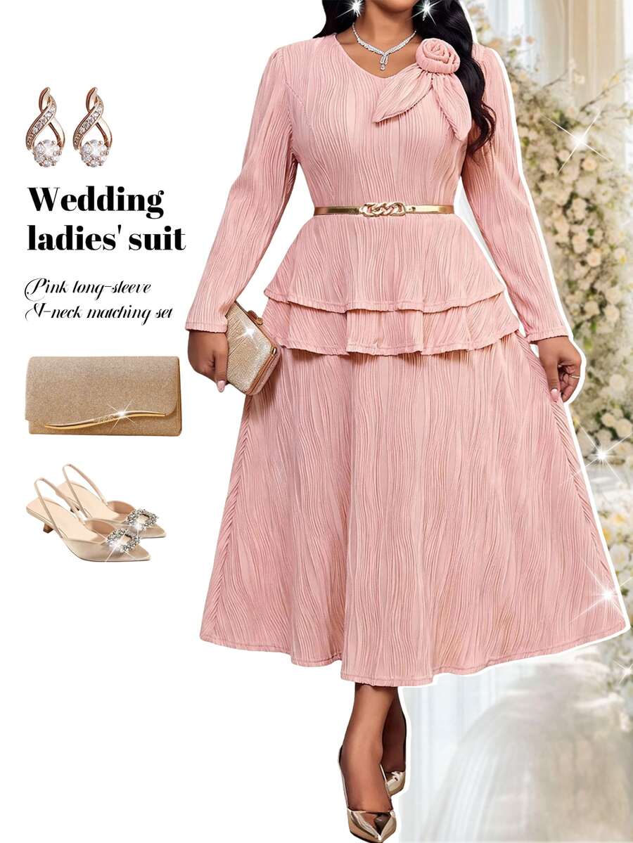 Fleurora Plus Size Women's 3D Floral Decor Long Sleeve Top And Skirt Elegant 2-Piece Set - Pink - View 1