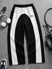 1pc Tween Boy Autumn 5-15° High Street Fashion Patchwork Colorblock Three-Tone Straight Leg Pants With White Side Print Design, Novel And Stylish, Comfortable Fabric, Suitable For Versatile, New , Suitable For All Seasons, Daily Commute, School, Street Photography, Gatherings And Parties - Black - View 4