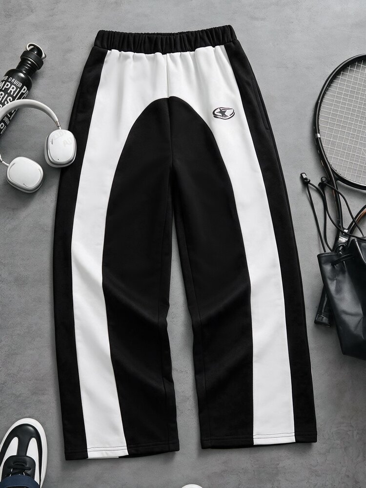 1pc Tween Boy Autumn 5-15° High Street Fashion Patchwork Colorblock Three-Tone Straight Leg Pants With White Side Print Design, Novel And Stylish, Comfortable Fabric, Suitable For Versatile, New , Suitable For All Seasons, Daily Commute, School, Street Photography, Gatherings And Parties - Black - View 3