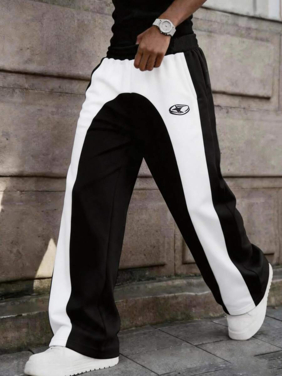 1pc Tween Boy Autumn 5-15° High Street Fashion Patchwork Colorblock Three-Tone Straight Leg Pants With White Side Print Design, Novel And Stylish, Comfortable Fabric, Suitable For Versatile, New , Suitable For All Seasons, Daily Commute, School, Street Photography, Gatherings And Parties
