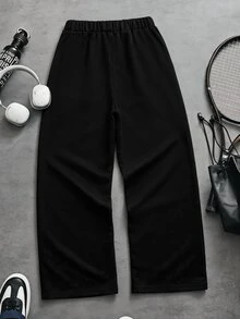1pc Tween Boy Autumn 5-15° High Street Fashion Patchwork Colorblock Three-Tone Straight Leg Pants With White Side Print Design, Novel And Stylish, Comfortable Fabric, Suitable For Versatile, New , Suitable For All Seasons, Daily Commute, School, Street Photography, Gatherings And Parties - Black - View 3