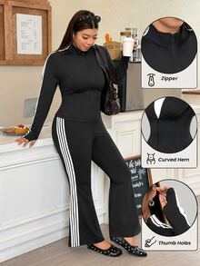 Muchica 大尺碼女款黑白長袖上衣喇叭褲休閒西式軟質健身正裝兩件套 拉鍊手指設計 秋季 - 黑與白 - 查看 5