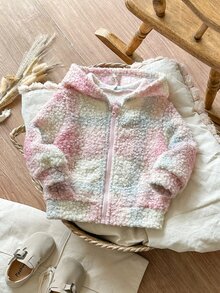 SHEIN 1件幼女雪絨夾克，可愛甜美優雅，粉色白色藍色格紋，拉鍊長袖連帽加厚，派對冬季假期搖粒絨外套，聖誕節 - 粉色 - 查看 3