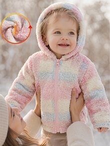 SHEIN 1件幼女雪絨夾克，可愛甜美優雅，粉色白色藍色格紋，拉鍊長袖連帽加厚，派對冬季假期搖粒絨外套，聖誕節 - 粉色 - 查看 1