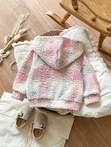 SHEIN 1件幼女雪絨夾克，可愛甜美優雅，粉色白色藍色格紋，拉鍊長袖連帽加厚，派對冬季假期搖粒絨外套，聖誕節 - 粉色 - 查看 2