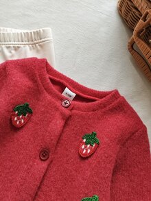 SHEIN 女嬰幼兒新生兒 0-3 歲秋冬時尚外出針織毛絨羅紋刺繡草莓開襟外套 + 內搭褲套裝 - 紅色 - 查看 6