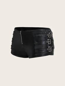 SHEIN ICON Y2k Black Tight Fit PU Low-Waist Decorated Ultra-Short Shorts Rave Festival Outfits - Black - View 2