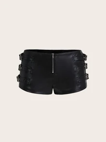 SHEIN ICON Y2k Black Tight Fit PU Low-Waist Decorated Ultra-Short Shorts Rave Festival Outfits - Black - View 4