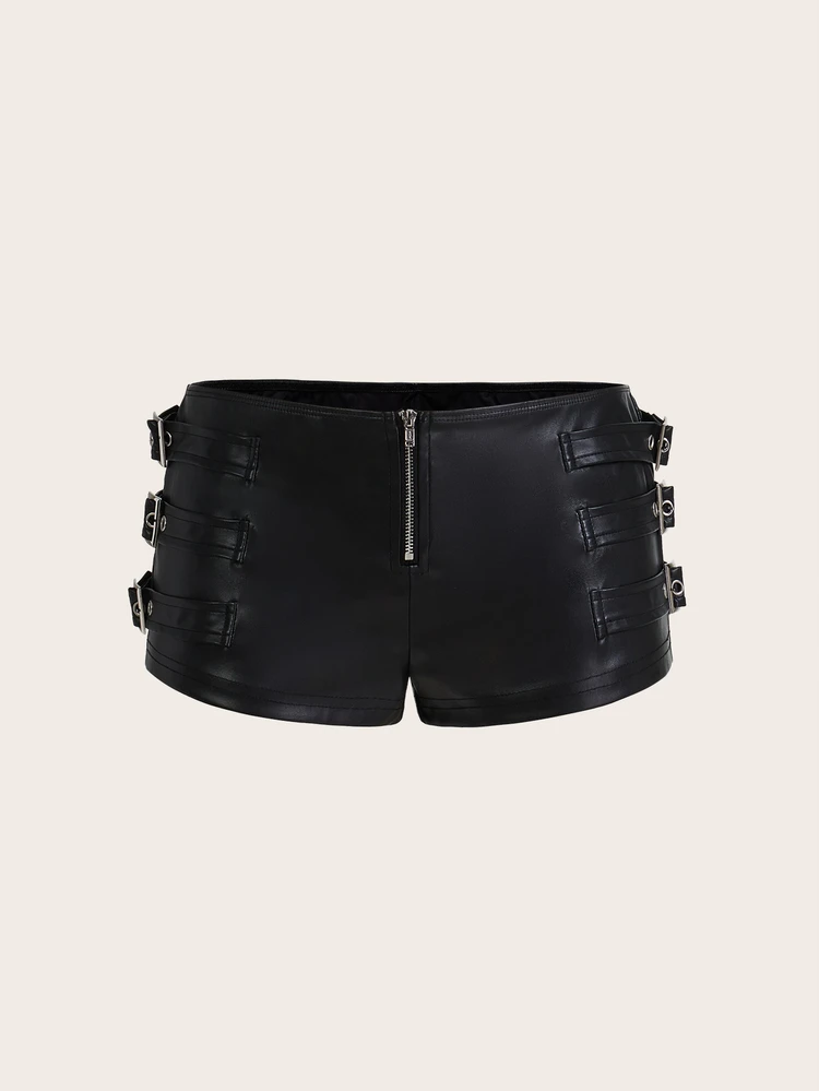 が*ー様 SHEIN ICON ブラックショートパンツ S SHEIN ICON ぴったりフィット PU素材 ローウエスト装飾付き 超短パンツ