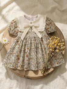 SHEIN Young Girl Young Girl Woven Floral Petal Sleeve Patchwork Contrast Color Peter Pan Collar Ruffle Casual Dress - Multicolor - View 1