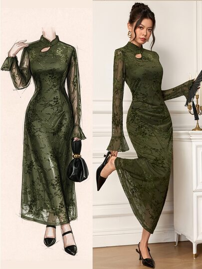 EastFlair Vintage Oriental Floral Print Mesh Cheongsam Dress, Stand Collar Frog Button Long Sleeve Sheer Mesh Bodycon Maxi Dress For Dinner Party