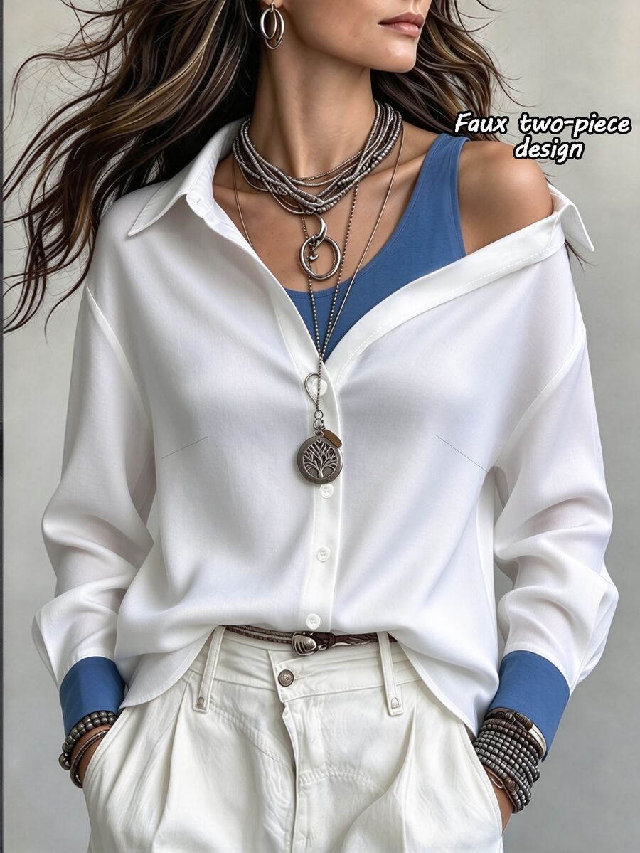 SHEIN New Autumn Style White And Blue Faux Two Pieces Collared Cold Shoulder Long-Sleeved Women's Blouse, Elegant, Suitable For Halloween And Commuting. - Blue and White - View 1