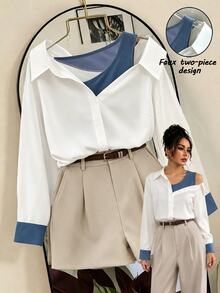 SHEIN New Autumn Style White And Blue Faux Two Pieces Collared Cold Shoulder Long-Sleeved Women's Blouse, Elegant, Suitable For Halloween And Commuting. - Blue and White - View 7