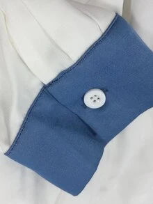 SHEIN New Autumn Style White And Blue Faux Two Pieces Collared Cold Shoulder Long-Sleeved Women's Blouse, Elegant, Suitable For Halloween And Commuting. - Blue and White - View 5
