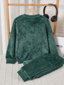 青少年男孩耳機刺繡法蘭絨睡衣套裝 - 綠色 - 查看 2