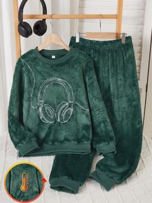 青少年男孩耳機刺繡法蘭絨睡衣套裝 - 綠色 - 查看 4