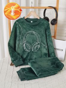 青少年男孩耳機刺繡法蘭絨睡衣套裝 - 綠色 - 查看 3