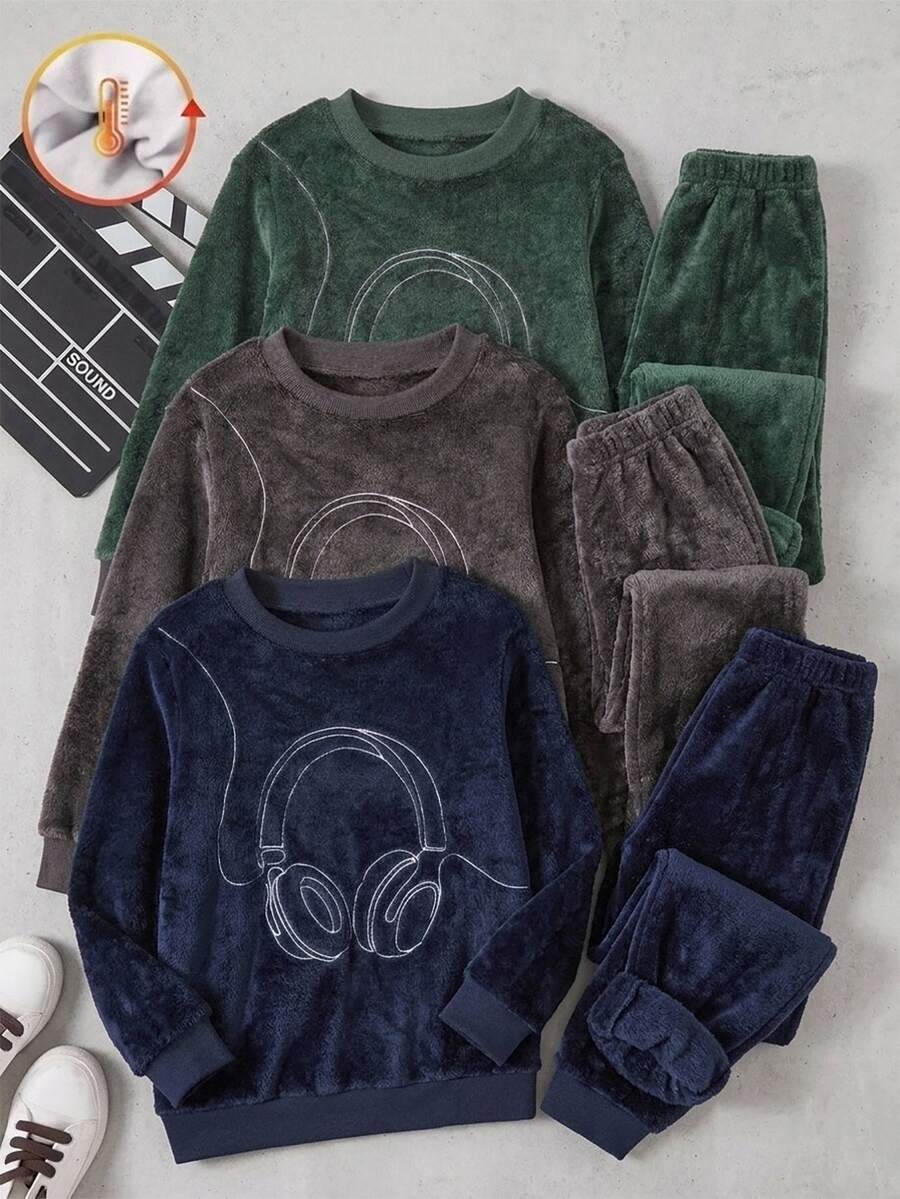 青少年男孩耳機刺繡法蘭絨睡衣套裝 - 綠色 - 查看 1