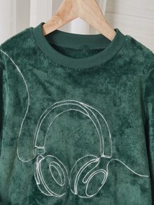 青少年男孩耳機刺繡法蘭絨睡衣套裝 - 綠色 - 查看 5