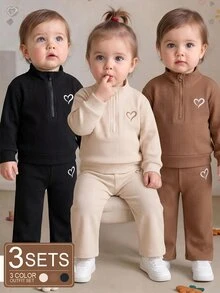 SHEIN Vintaside Kids 3件組幼女可愛棕色華夫格針織心形刺繡拉鍊長袖高領休閒戶外秋季衛衣褲套裝 - 彩色 - 查看 5