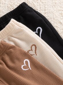 SHEIN Vintaside Kids 3件組幼女可愛棕色華夫格針織心形刺繡拉鍊長袖高領休閒戶外秋季衛衣褲套裝 - 彩色 - 查看 6