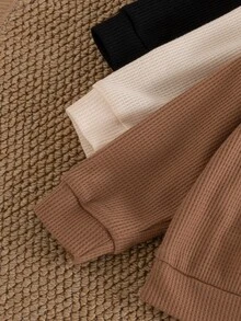 SHEIN Vintaside Kids 3件組幼女可愛棕色華夫格針織心形刺繡拉鍊長袖高領休閒戶外秋季衛衣褲套裝 - 彩色 - 查看 3