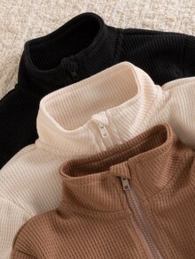 SHEIN Vintaside Kids 3件組幼女可愛棕色華夫格針織心形刺繡拉鍊長袖高領休閒戶外秋季衛衣褲套裝 - 彩色 - 查看 4