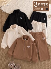 SHEIN Vintaside Kids 3件組幼女可愛棕色華夫格針織心形刺繡拉鍊長袖高領休閒戶外秋季衛衣褲套裝 - 彩色 - 查看 1