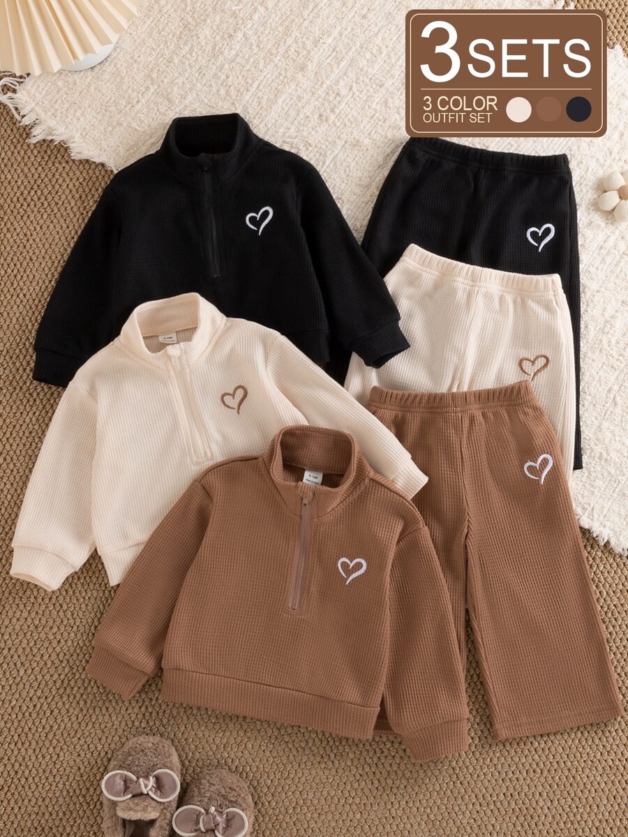 SHEIN Vintaside Kids 3件組幼女可愛棕色華夫格針織心形刺繡拉鍊長袖高領休閒戶外秋季衛衣褲套裝 - 彩色 - 查看 1