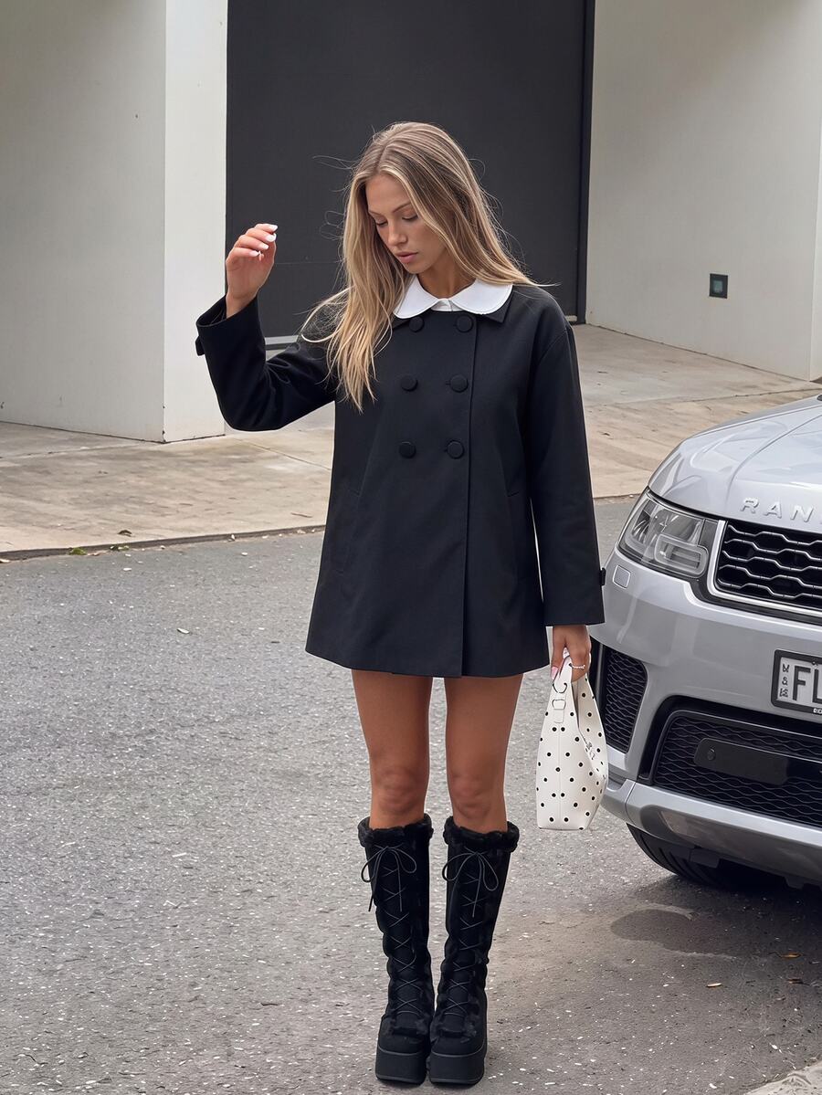 SHEIN ICON 女款方領雙排扣蝴蝶結披肩外套夾克 日常黑白配色 秋季優雅 - 黑色 - 查看 1