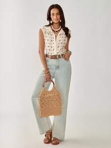 Weeklong Plus Size Women Apricot Sleeveless Bohemian Print Shirt - Apricot - View 4