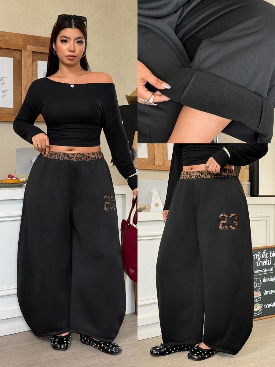 Muchica Plus-Size Black Leopard Print Patchwork Casual Loose Fit Streetwear Cowboy Sweatpants Back-To-School Sporty Wide-Leg Curved Pants Gym Vacation Fall