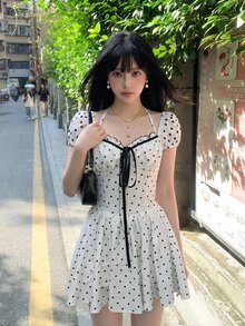 SHEIN ICON 甜美波點短袖迷你洋裝 - 白色 - 查看 6