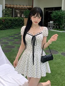 SHEIN ICON 甜美波點短袖迷你洋裝 - 白色 - 查看 3