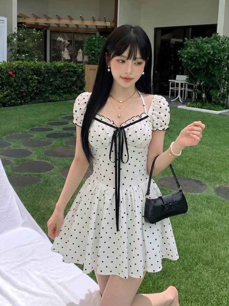 SHEIN ICON Sweet Polka Dot Short Sleeve Mini Dress - White - View 3