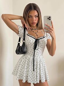 SHEIN ICON 甜美波點短袖迷你洋裝 - 白色 - 查看 1