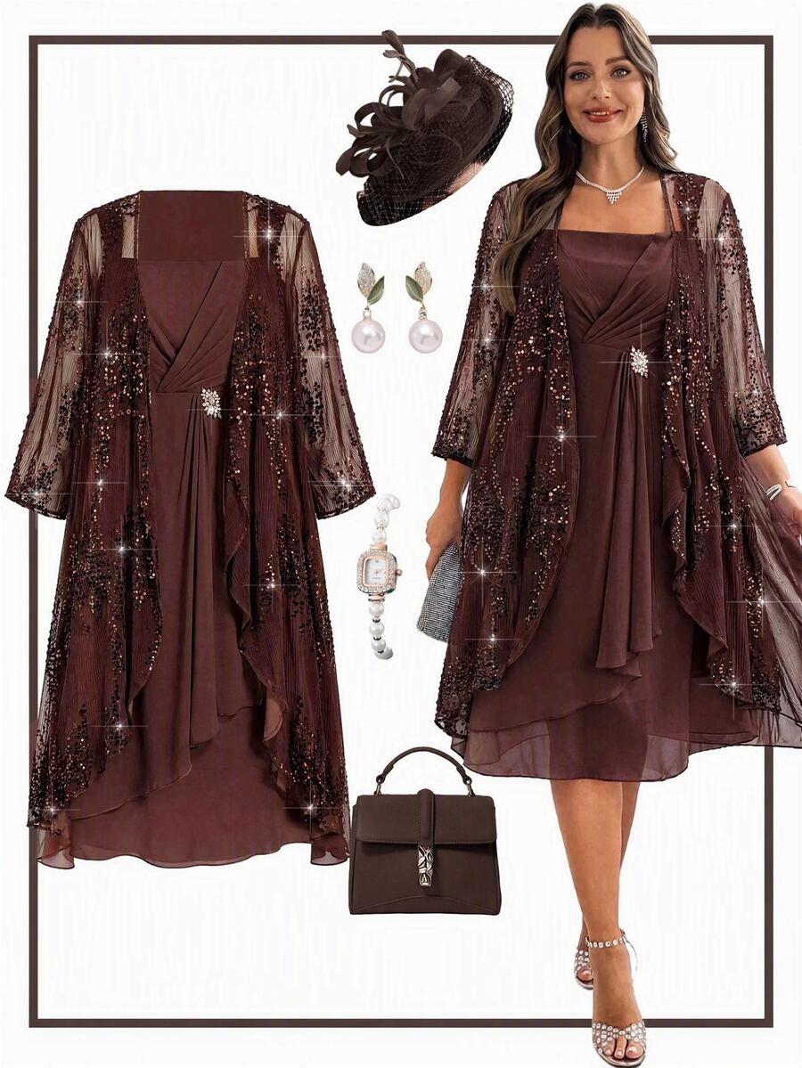 Reflora Plus Size Women Solid Color Dress And Sequin 3/4 Sleeve Cover-Up 2 Pieces Set