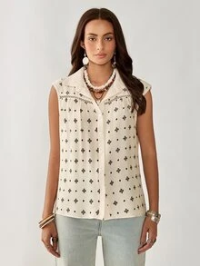 Weeklong Apricot Bohemian Print Sleeveless Plus Size Blouse For Women - Black - View 6