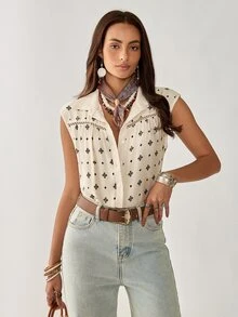 Weeklong Apricot Bohemian Print Sleeveless Plus Size Blouse For Women - Black - View 1