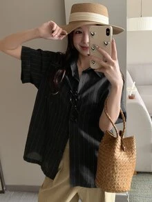 DAZY Women's Striped Short Sleeve Shirt, Fashionable For Summer Cute Tops - Black - View 1