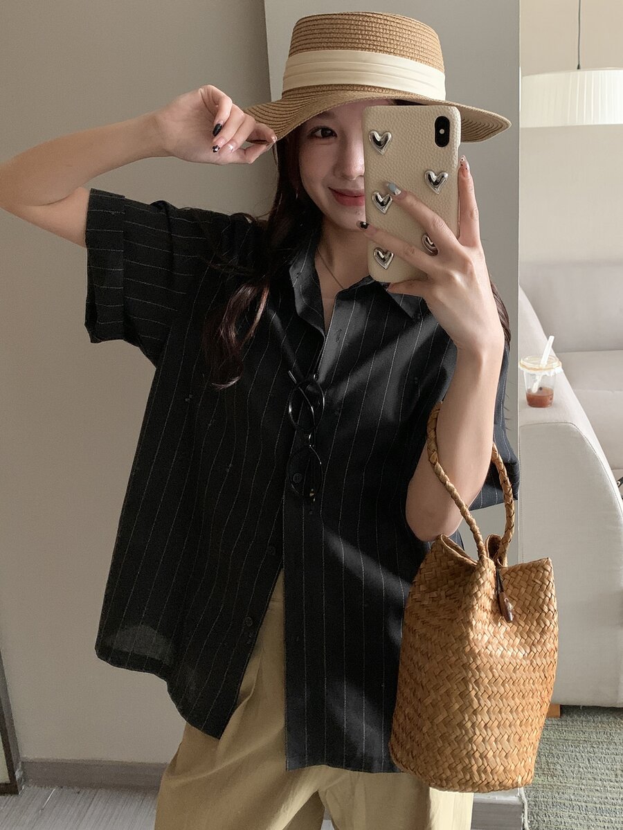 DAZY Women's Striped Short Sleeve Shirt, Fashionable For Summer Cute Tops - Black - View 1