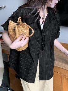 DAZY Women's Striped Short Sleeve Shirt, Fashionable For Summer Cute Tops - Black - View 2