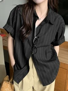 DAZY Women's Striped Short Sleeve Shirt, Fashionable For Summer Cute Tops - Black - View 7