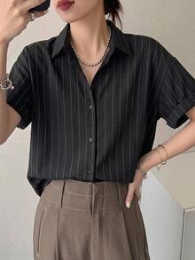 DAZY Women's Striped Short Sleeve Shirt, Fashionable For Summer Cute Tops - Black - View 8