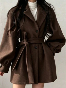 INAWLY 新款優雅女款綁帶長袖長版大衣 - 棕色 - 查看 1