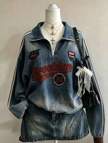 Lalippa [Denim Effect] Vintage Worn Denim Effect Half-Zip Sweatshirt For Women, Spring And Autumn, Letter Print With Side Stripe, Loose Pullover Top - Grey - View 5