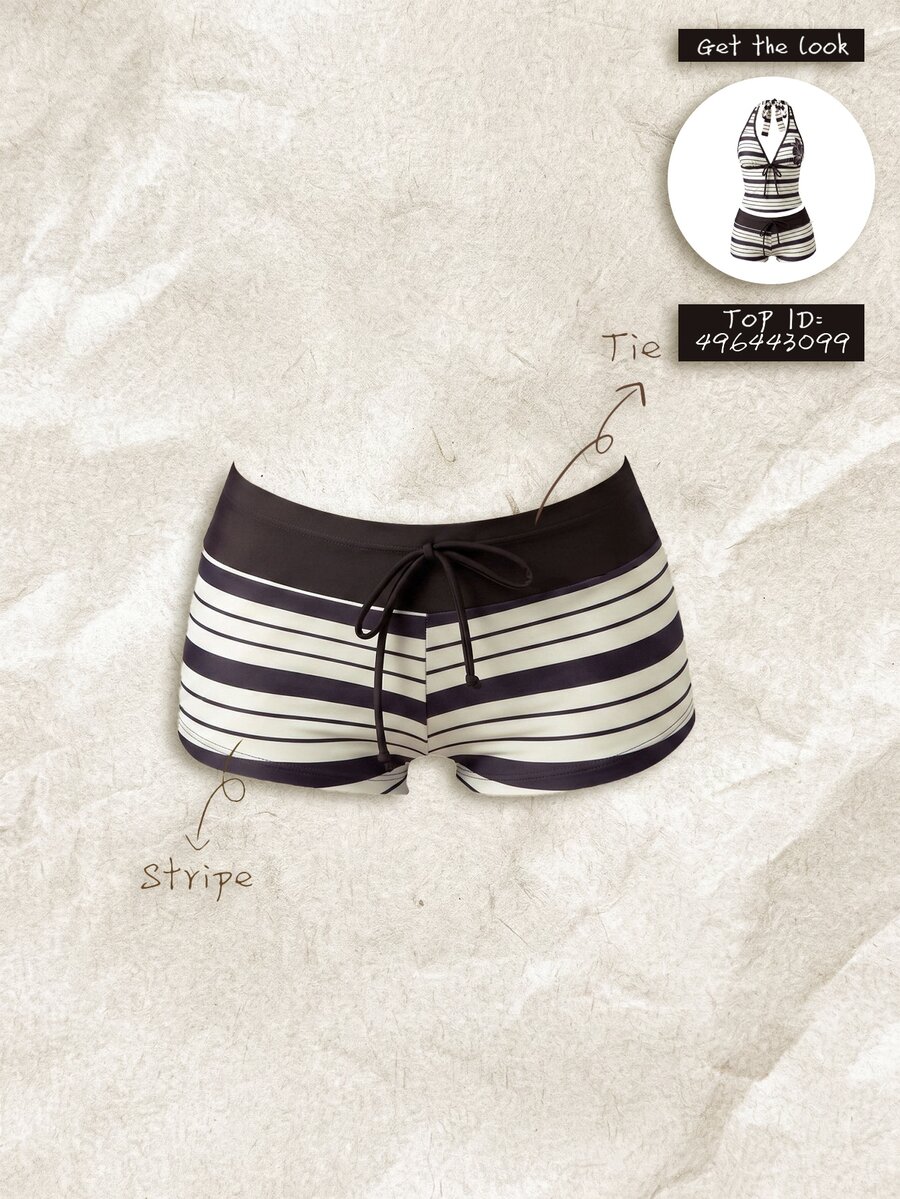 SHEIN Swim 女款夏季/秋季優雅熱帶夏威夷高腰蝴蝶結比基尼泳褲,米白色條紋,適合萬聖節、派對、海灘度假 - 彩色 - 查看 1